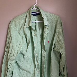 Green and White Stripe Ralph Lauren Polo Dress Shi